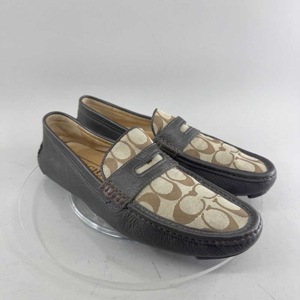 Coach Mens Neal Leather Signature Canvas Penny Loafer Driving Shoes Brown 9M